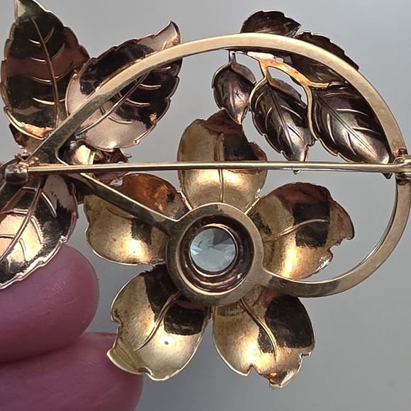14 Karat Yellow And Rose Solid Gold And Blue Topaz Flower Floral Brooch - Picture 9 of 12